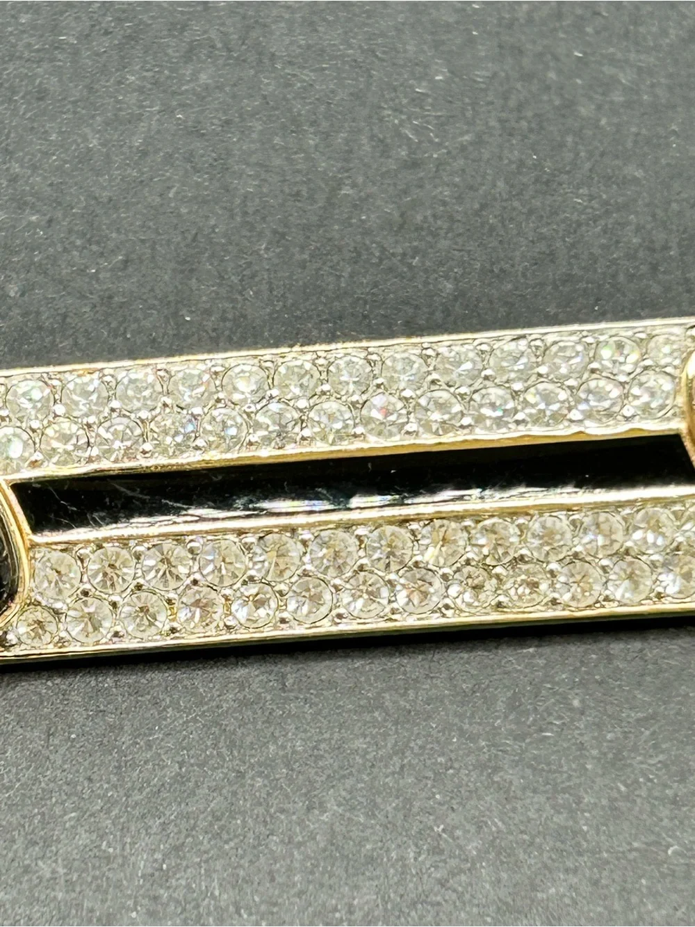 VTG‎ DSCo Swarovski Gold Tone Crystal Black Onyx Enamel Bar Brooch Pin